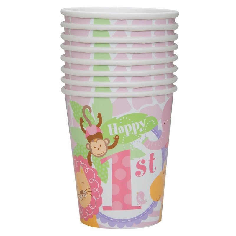 Girls Safari 1st Birthday Paper Cups (Pack of 8) | Girls Jungle 1st Birthday Party Supplies
