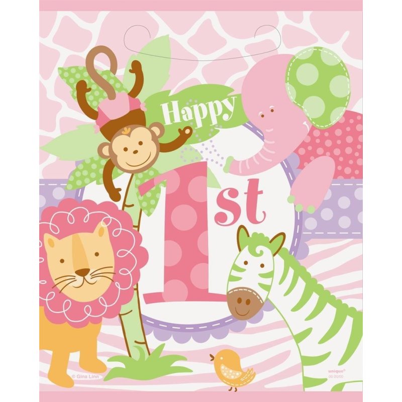 Girls Safari 1st Birthday Loot Bags (Pack of 8) | Girls Jungle 1st Birthday Party Supplies