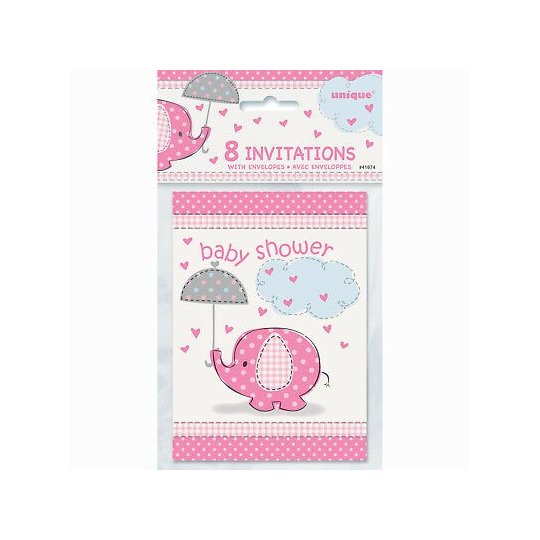 Pink Baby Elephant Baby Shower Party Invitations (Pack of 8) | Pink Baby Elephant Party Supplies