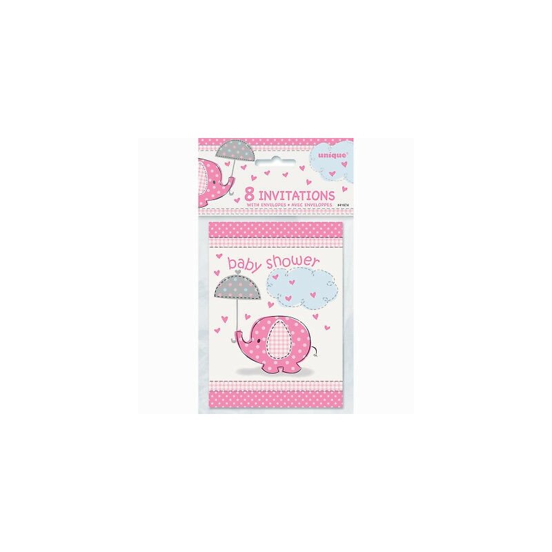 Pink Baby Elephant Baby Shower Party Invitations (Pack of 8) | Pink Baby Elephant Party Supplies