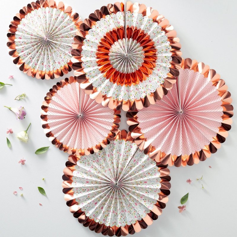 Floral Tea Party Rose Gold Paper Fan Decorations (Set of 5) | Floral Tea Party Party Supplies