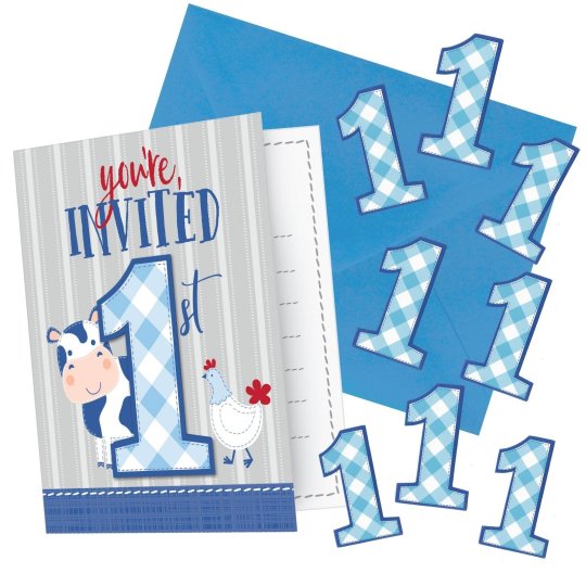 Blue Farmhouse 1st Birthday Invitations Set (Pack of 8) | Blue Farm 1st Birthday Party Supplies