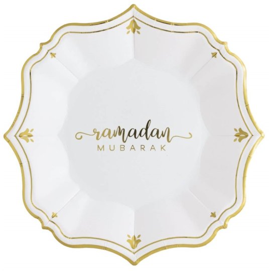 Ramadan Mubarak White Dessert Paper Plates (Pack of 8) | Ramadan/Eid Party Supplies