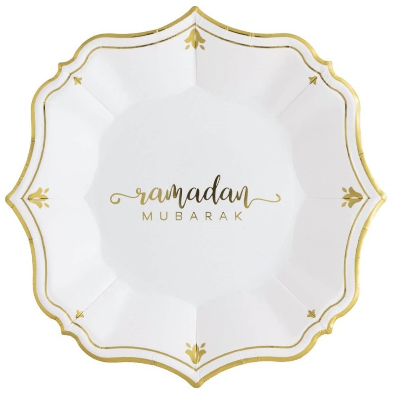 Ramadan Mubarak White Dessert Paper Plates (Pack of 8) | Ramadan/Eid Party Supplies
