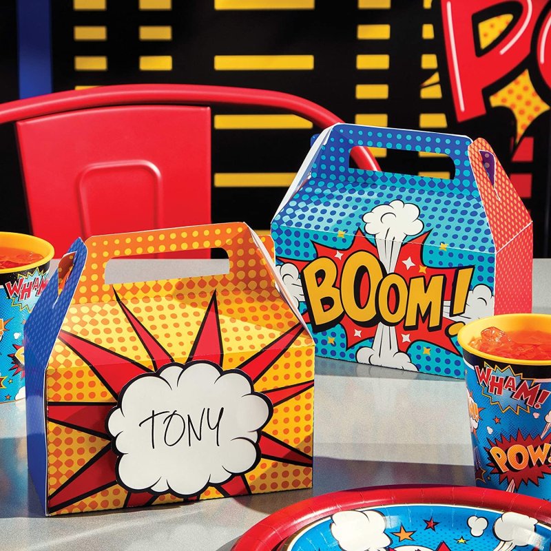 Superhero Party Boxes & Nametags (Set of 4) | Avengers Party Supplies