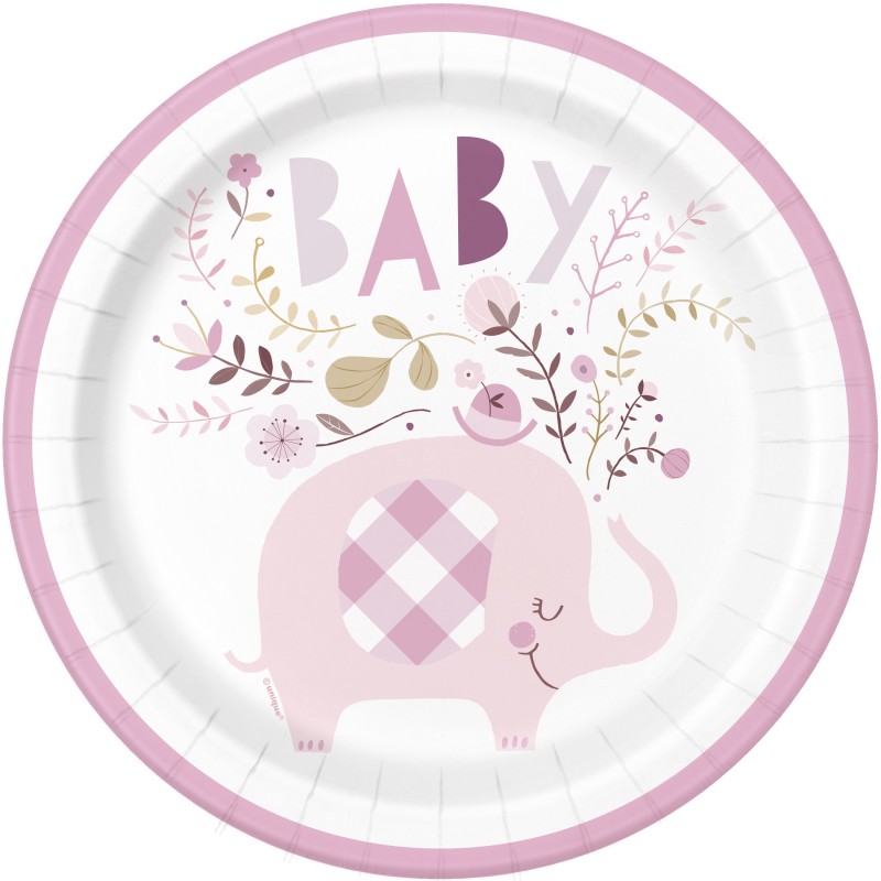 Pink Baby Elephant Large Plates (Pack of 8) | Pink Baby Elephant Party Supplies