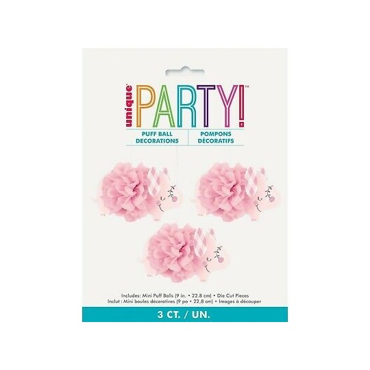 Pink Baby Elephant Pom Pom Decorations (Pack of 3) | Pink Baby Elephant Party Supplies