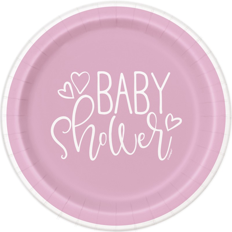 Pink Hearts Baby Shower Small Plates (Pack of 8) | Baby Girl Party Supplies