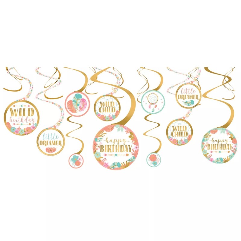 Boho Birthday Girl Swirl Decorations (Set of 12) | Boho Birthday Party Supplies