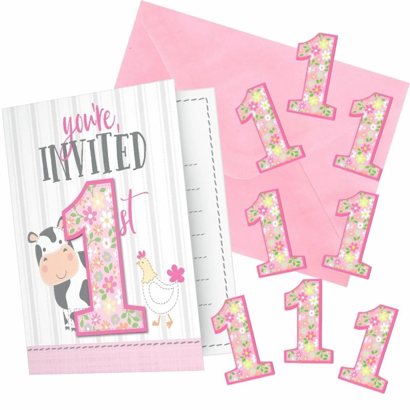 Farm 1st Birthday Girl Party Invitations (Pack of 8)