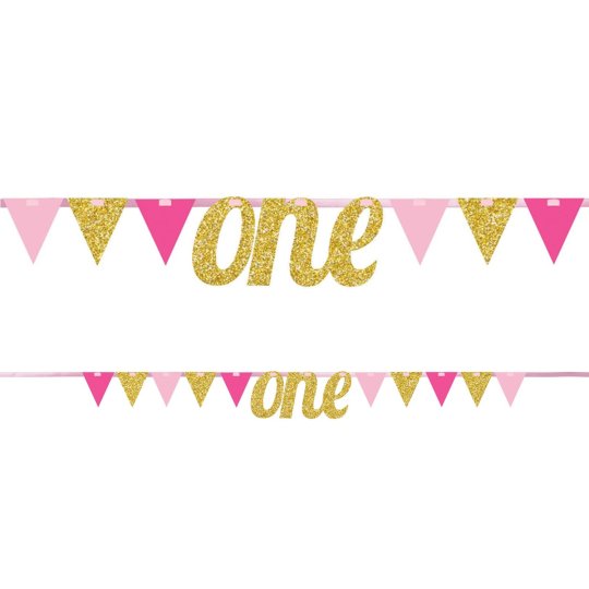 Pink 1st Birthday One Glitter Banner