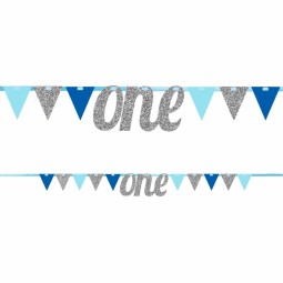 Blue & Silver Glitter One 1st Birthday Banner