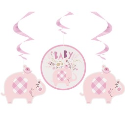 Pink Baby Elephant Swirl Decorations (Pack of 3)