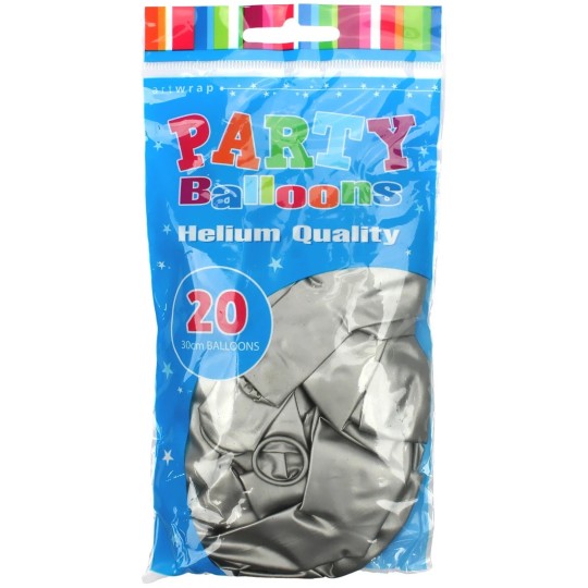 30cm Silver Metallic Latex Balloons (Pack of 20) | Silver Party Supplies