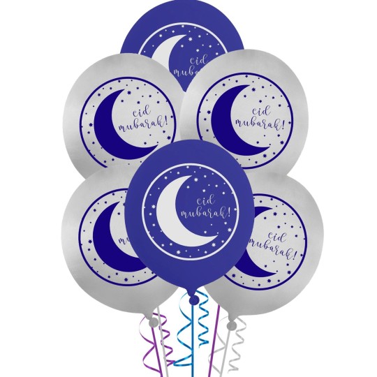 Silver & Navy Eid Mubarak Balloons (Pack of 10)