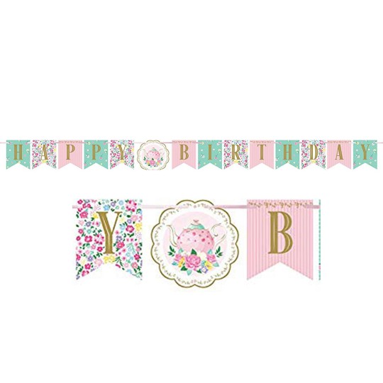 Floral Tea Party Happy Birthday Banner