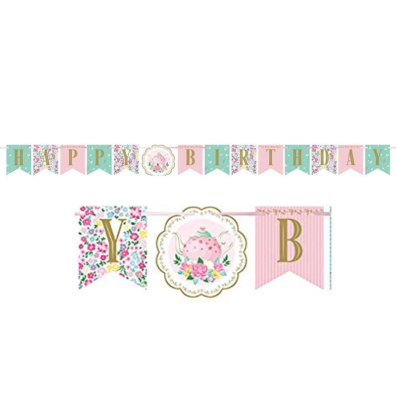 Floral Tea Party Happy Birthday Banner
