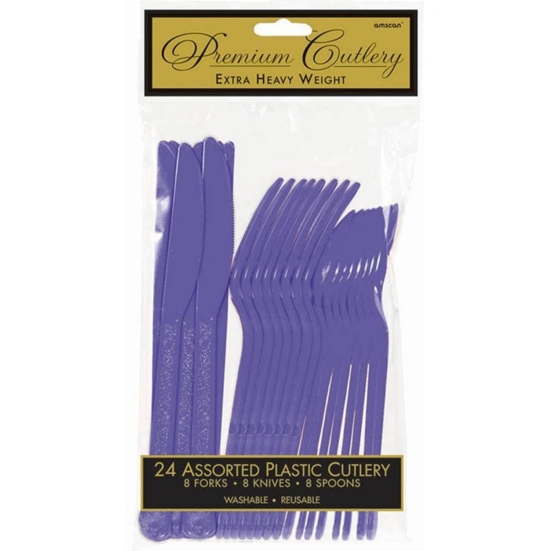 Purple Reusable Plastic Cutlery (Pack of 24)