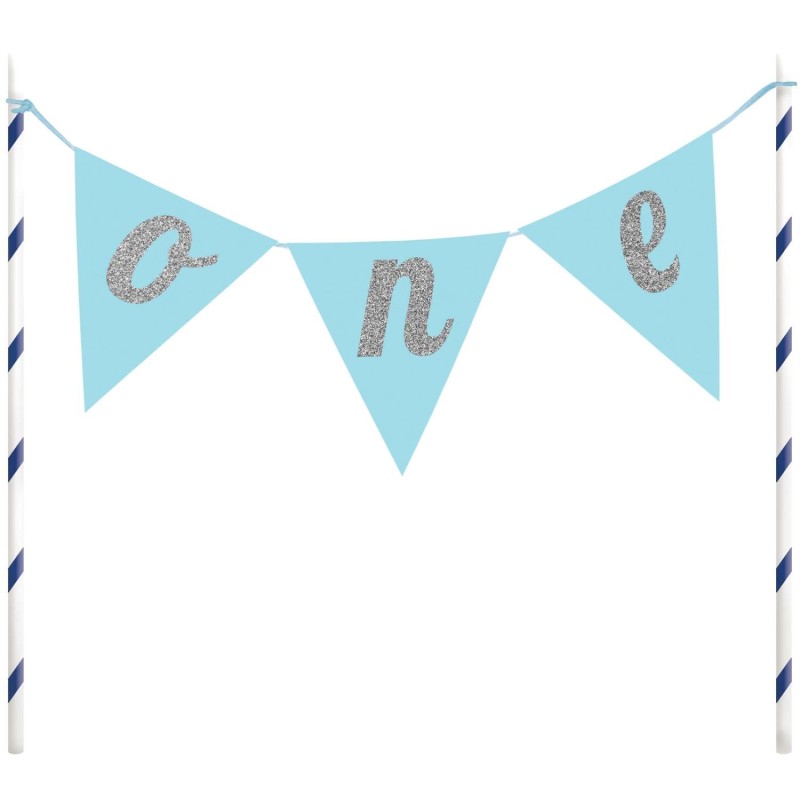 Blue & Silver Glitter One 1st Birthday Cake Topper