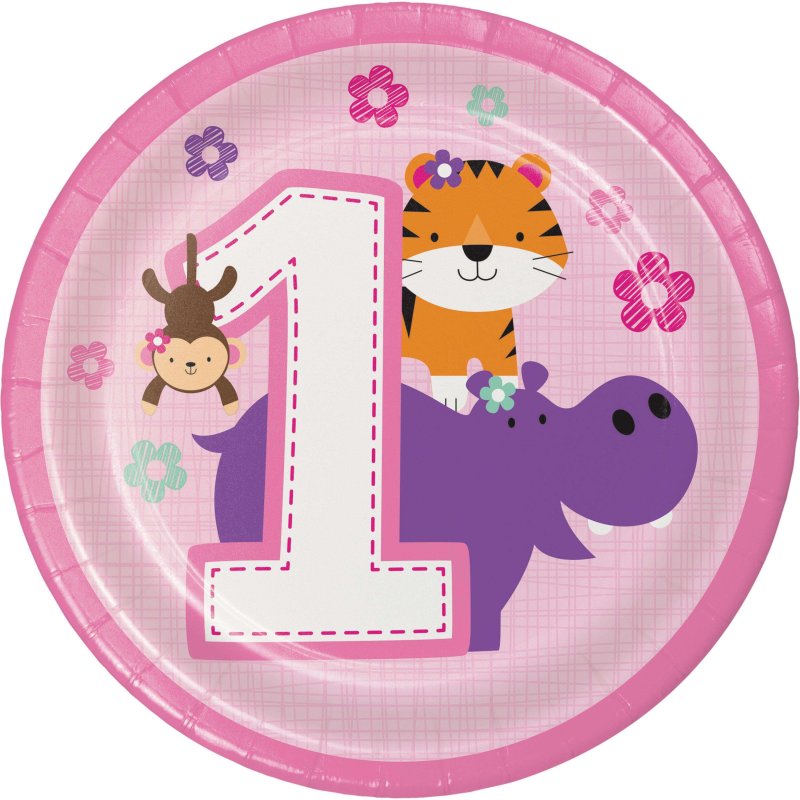 Girls Jungle 1st Birthday Small Plates (Pack of 8) | Girls Jungle 1st Birthday Party Supplies