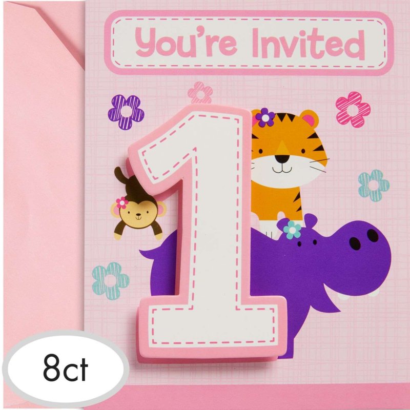 Girls Jungle 1st Birthday Party Invitations (Pack of 8) | Girls Jungle 1st Birthday Party Supplies