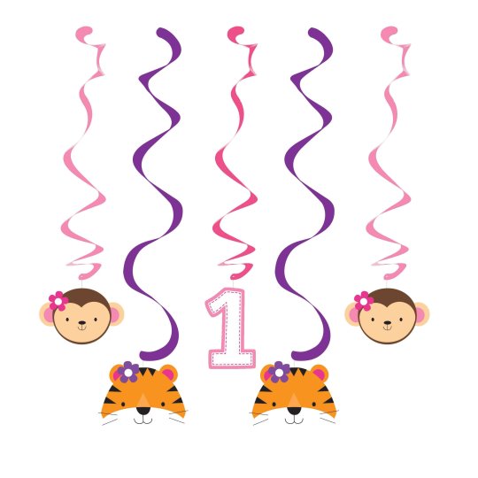 Girls Jungle 1st Birthday Swirl Decorations (Pack of 5) | Girls Jungle 1st Birthday Party Supplies