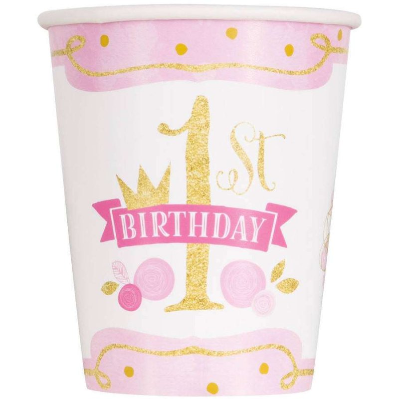Pink & Gold First Birthday Paper Cups (Pack of 8) | Pink & Gold First Birthday Party Supplies