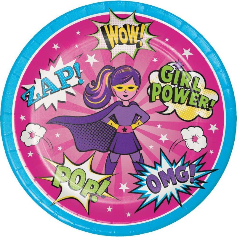 Superhero Girl Large Plates (Pack of 8) | Superhero Girl Party Supplies
