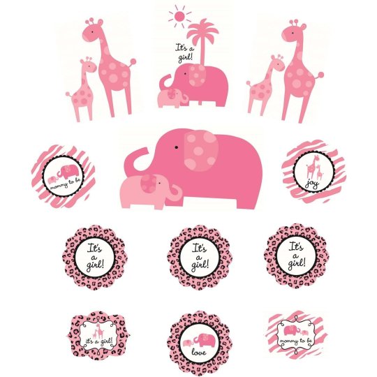 Sweet Safari Pink Baby Shower Wall Decorations (Set of 12) | Pink Safari Party Supplies