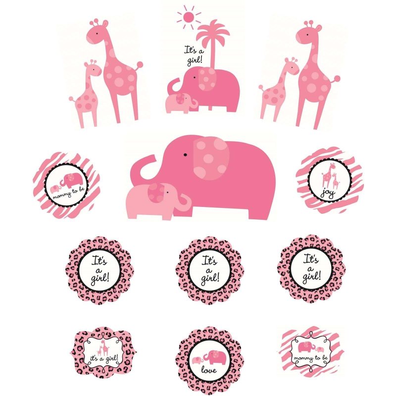 Sweet Safari Pink Baby Shower Wall Decorations (Set of 12) | Pink Safari Party Supplies