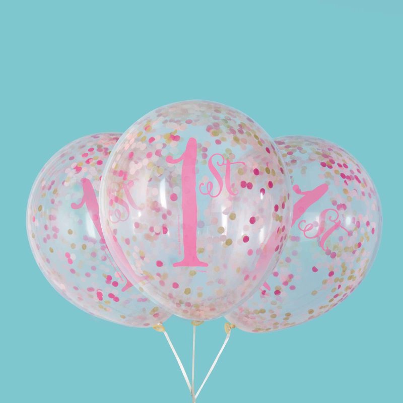 Pink & Gold First Birthday Confetti Balloons (Pack of 6) | Pink & Gold First Birthday Party Supplies
