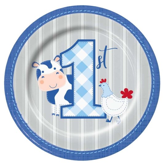 Blue Farmhouse 1st Birthday Small Plates (Pack of 8) | Blue Farm 1st Birthday Party Supplies