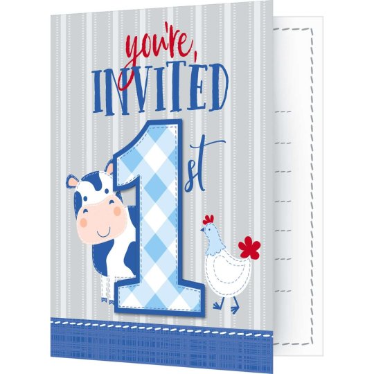 Blue Farmhouse 1st Birthday Invitations Set (Pack of 8) | Blue Farm 1st Birthday Party Supplies