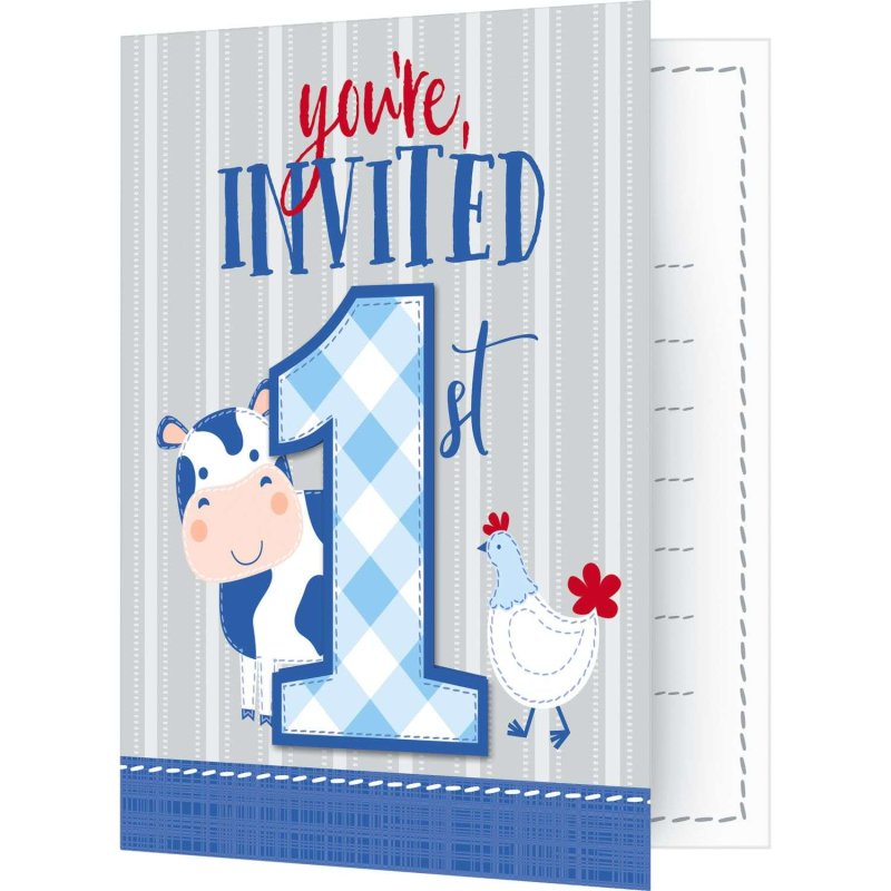 Blue Farmhouse 1st Birthday Invitations Set (Pack of 8) | Blue Farm 1st Birthday Party Supplies