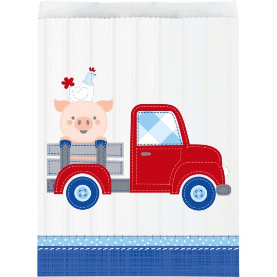 Blue Farmhouse 1st Birthday Paper Party Bags (10 Pack) | Blue Farm 1st Birthday Party Supplies