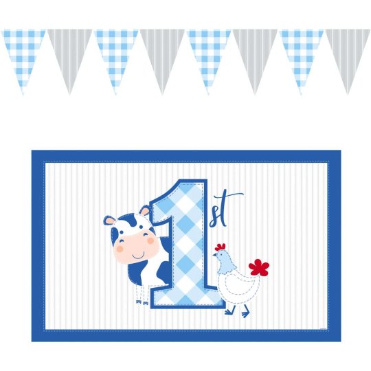 Blue Farmhouse 1st Birthday High Chair Decoration Kit | Blue Farm 1st Birthday Party Supplies