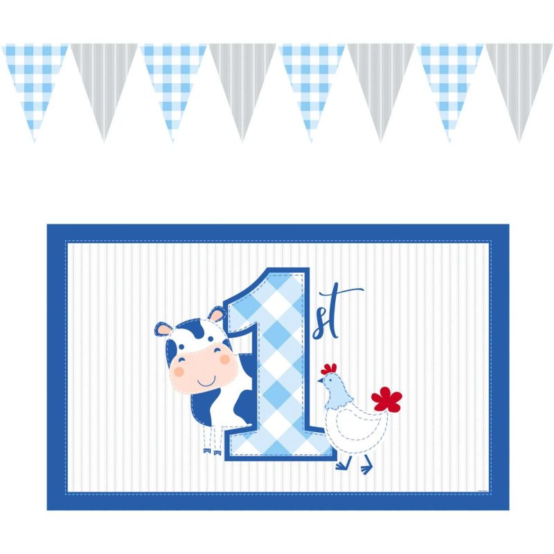 Blue Farmhouse 1st Birthday High Chair Decoration Kit | Blue Farm 1st Birthday Party Supplies