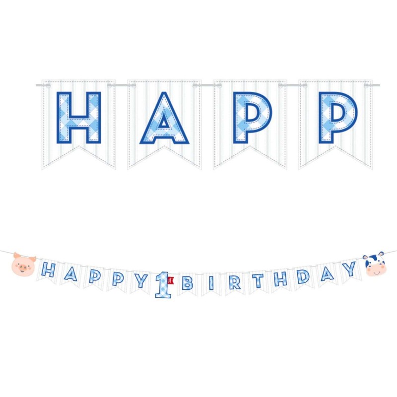 Farm 1st Birthday Boy Happy Birthday Banner Blue Farmhouse 1st