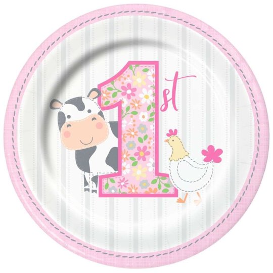 Pink Farmhouse 1st Birthday Small Plates (Pack of 8) | Pink Farmhouse 1st Birthday Party Supplies