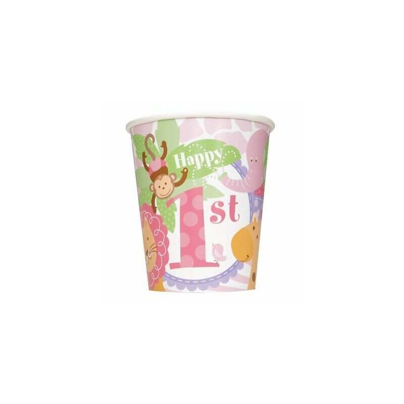 Girls Safari 1st Birthday Paper Cups (Pack of 8) | Girls Jungle 1st Birthday Party Supplies