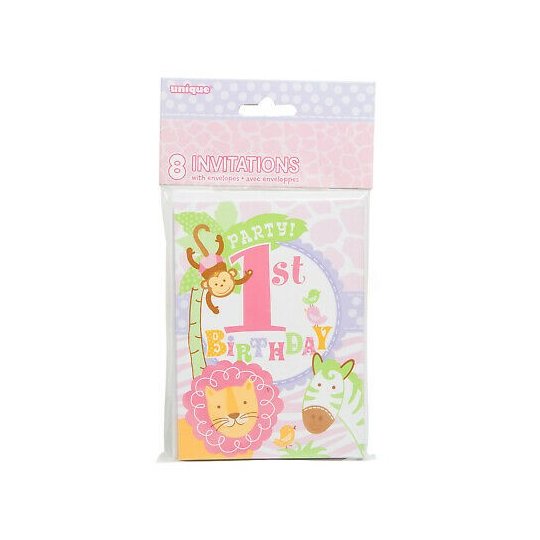 Girls Safari 1st Birthday Party Invitations (Pack of 8) | Girls Jungle 1st Birthday Party Supplies